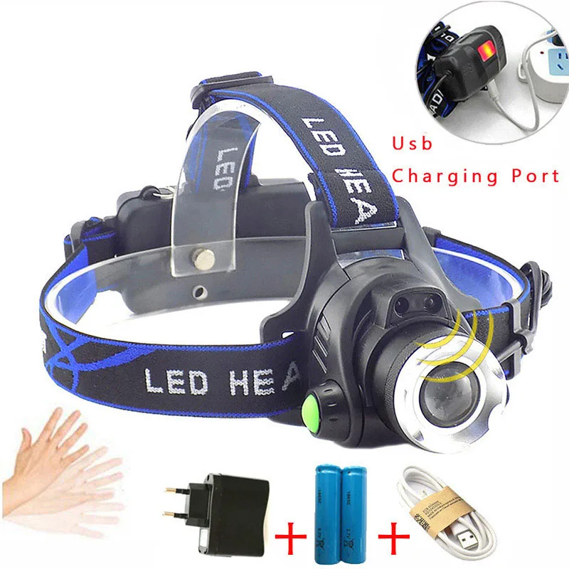 Высокомощный USB датчик T6 L2 светодиодный налобный фонарь, фонарик hoofdlamp 18650 головной фонарь, фонарь для рыбалки, кемпинга, верховой езды
