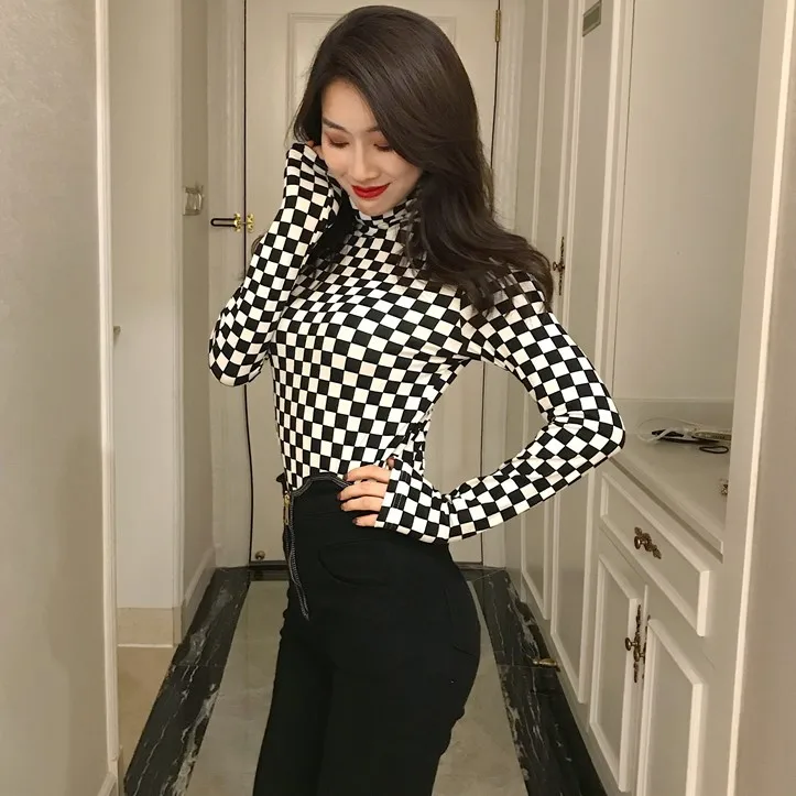 

Sexy black white plaid Blouse checkerboard shirts for women Hollow out slim top female Blouse long sleeve tee shirts