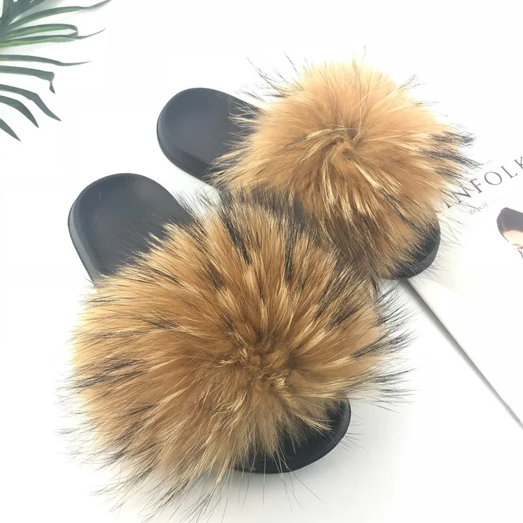 2019 Candy color Women's Fulffy Real Fox/Raccoon Fur Flat Slides Slipper Shoes 