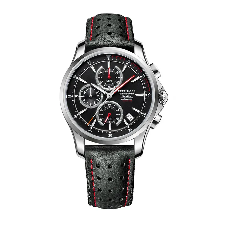 Риф Тигр/RT Спорт хронограф часы для Для мужчин супер световой Сталь кожаный ремешок часы кварцевые часы с датой RGA1663 - Цвет: RGA1663-YBLR