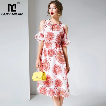 

100% Natural Silk Women's Runway Dresses O Neck Sexy Off the Shoulder Printed Ruffles Fashion Casual Dresses