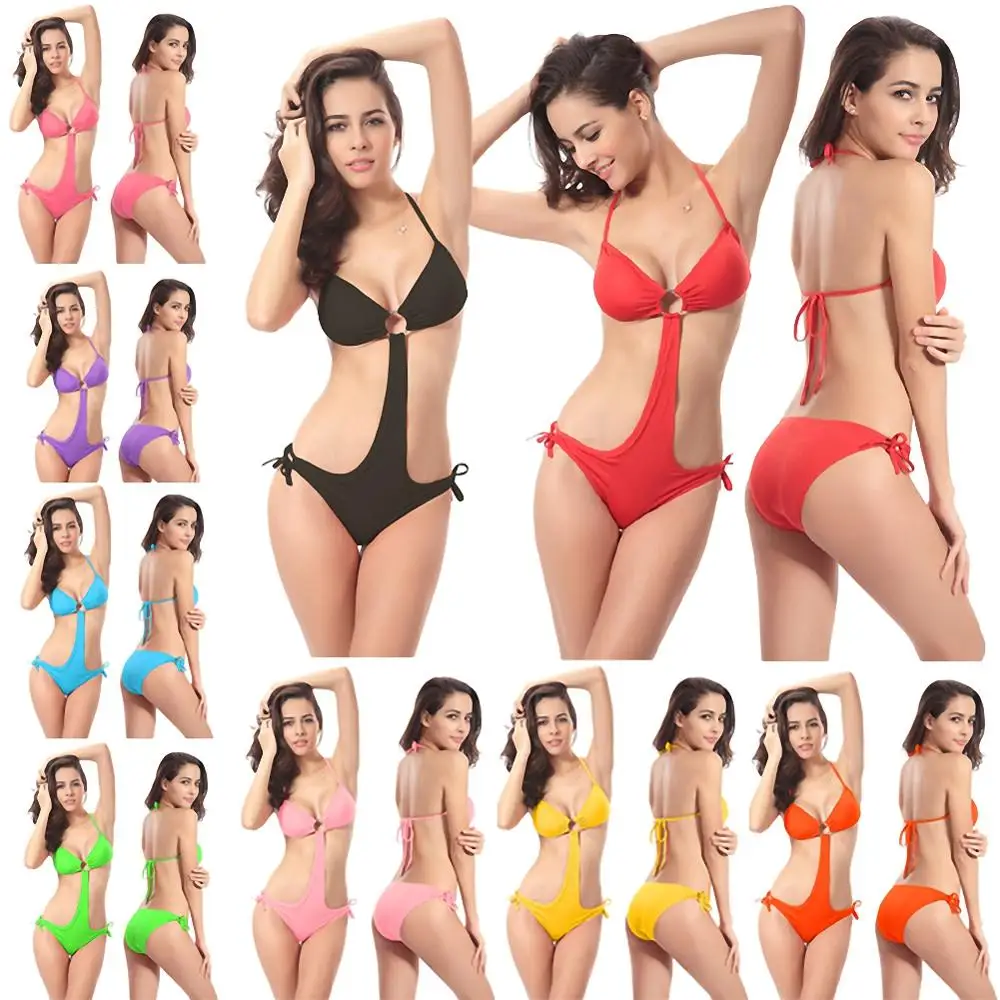 

Europe and America sexy hot women's one-piece halter bikini set low V solid color multicolor hot spring beach swimwear