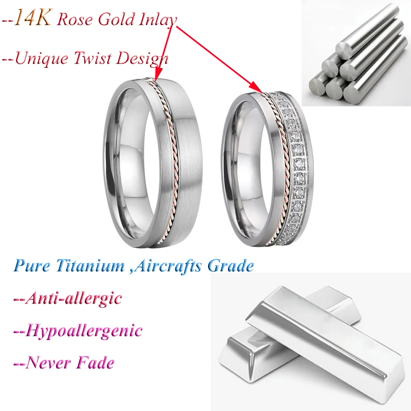 Обручальные кольца Alliance, набор для мужчин и женщин, два тона, 14 к, кольца из розового золота, титановые Ювелирные изделия, его и ее пара колец