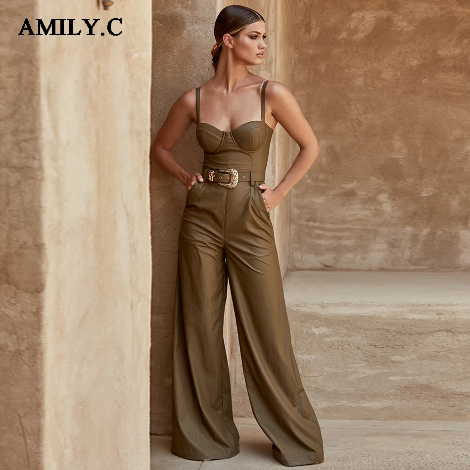 

Amily.c New high quality military green belt leather loose jumpsuit slip celebrity party club