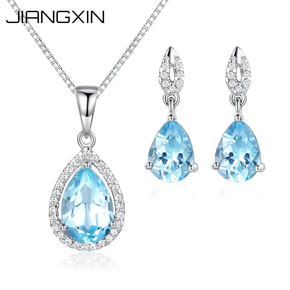 

Natural Sky Blue Topaz Jewelry Set 925 Sterling Silver November Birthstone Stud Earring Pendant Necklace for Girls