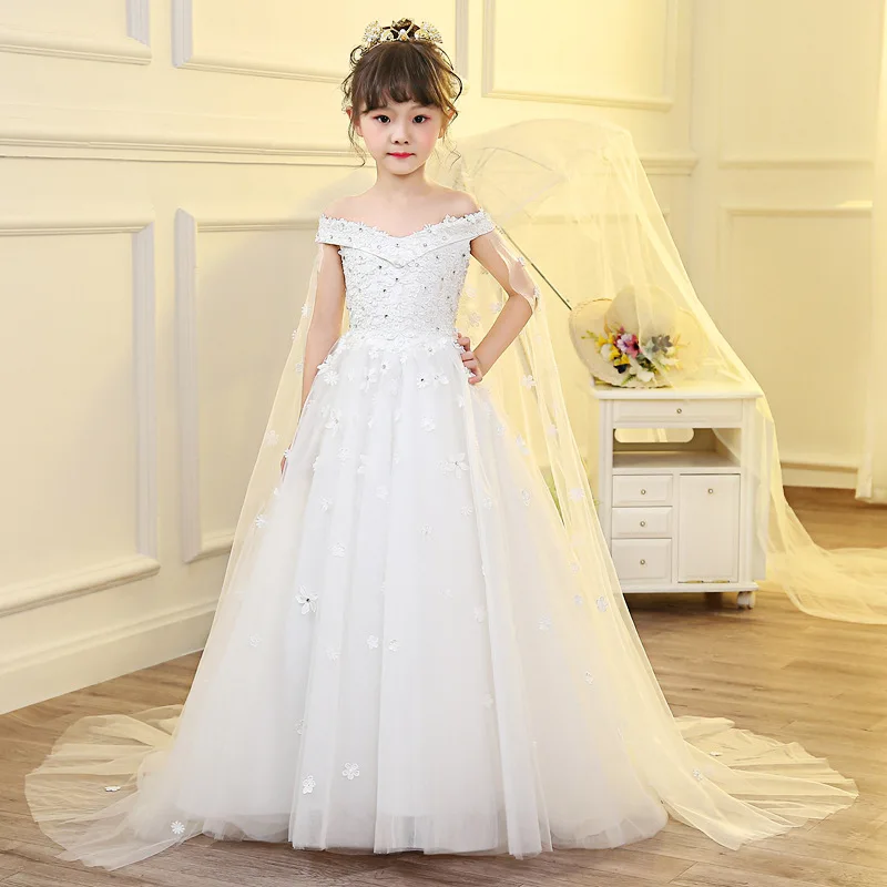 

Holy Communion Dress for Kids Girls Princess Dress Long Trailing Flower Girl Dresses for Wedding Off the Shoulder Party Gowns K