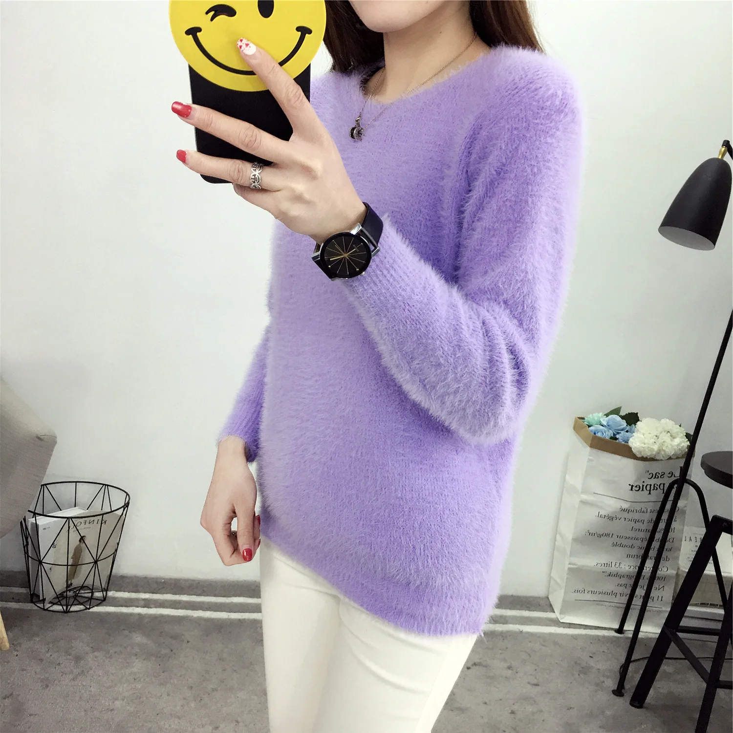 Осенне-зимние новые корейские женские Элегантные Бархатные пушистые свитера женские вязаные конфетные пуловеры с длинным рукавом Femme Tricot Pull - Цвет: Purple