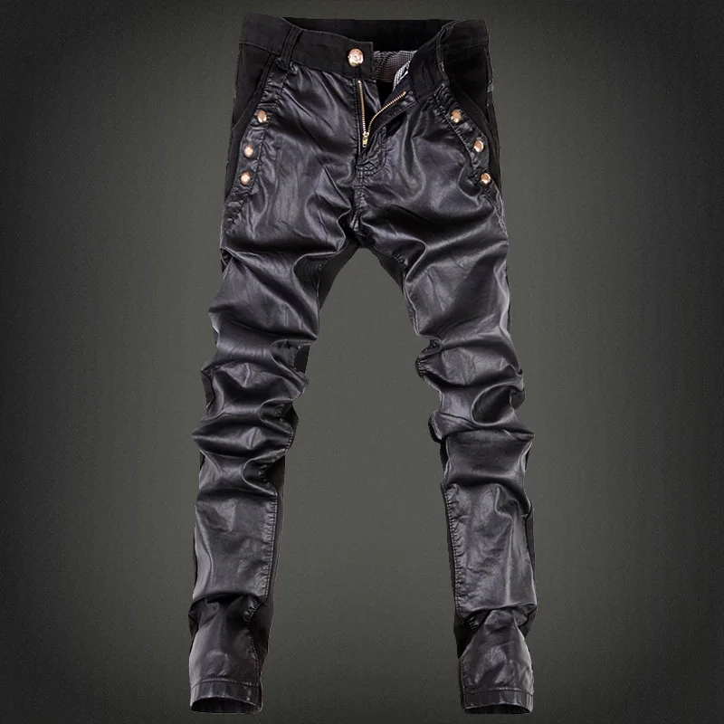 trend new black Slim leather pants personality zipper stitching leather pants fashion youth motorcycle male