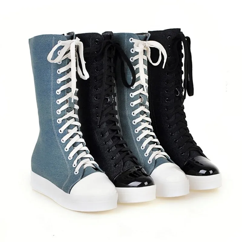 Fashion Canvas Lace Up Women Knee High Boots Round Toe Short Plush Women Snow Boots Tall Punk Casual Flat Platform Shoes Boots (6)
