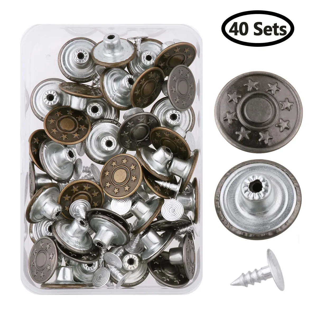 

40Pcs 17mm Metal Jeans Button with Rivets and Plastic Storage Box for Clothing Tack Crafts Snap Butttons Sewing Replacement Kit