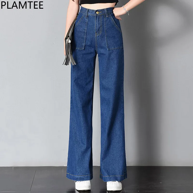 PLAMTEE Chic Vintage High Waist Jeans Women Big Pockets Jean Trousers