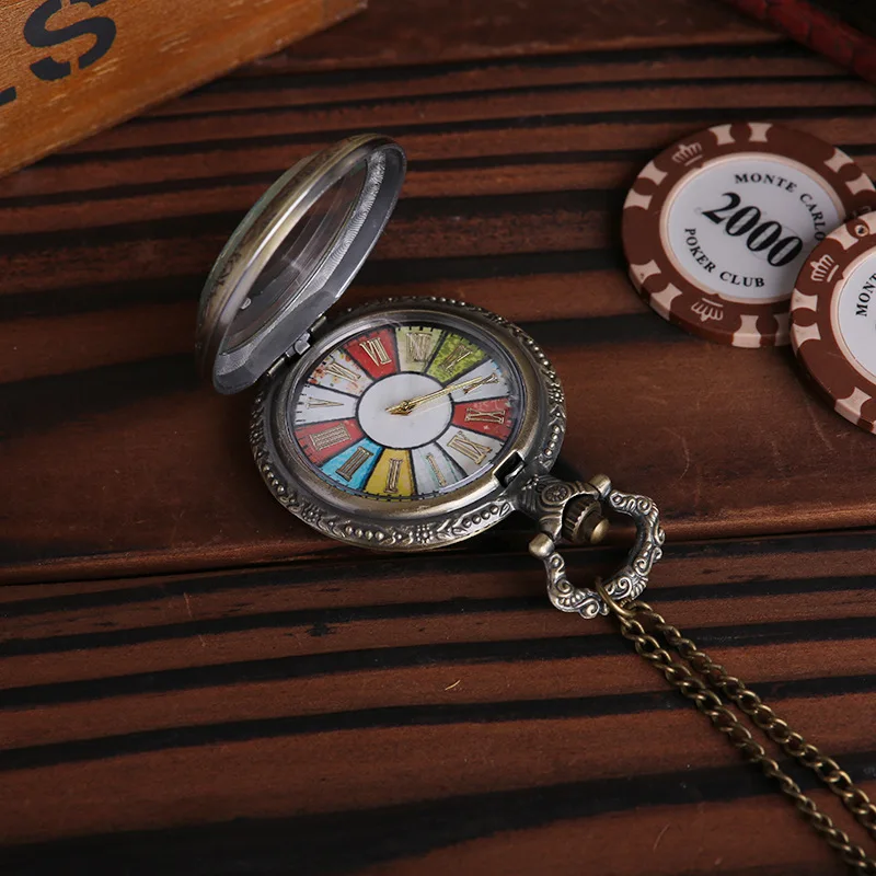Retro Rome Number Bronze Colorful Dial Quartz Pocket Watch Necklace Pendant