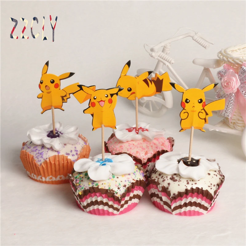24pcs/lot Pikachu Cupcake Toppers Picks Baby Shower Pokemon Cake