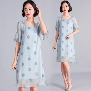 

Summer women elegant chiffon dress Plus Size flare sleeve embroidery loose dress female split end A-line casual vestidos XXXXXL