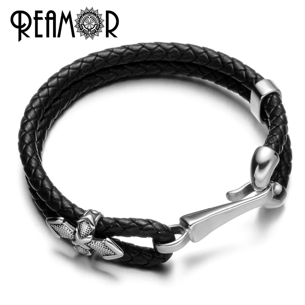 

REAMOR Genuine Leather Braided Men&Women Bracelet 316l Stainless Steel Fish Hook Bracelet Cross Wristband Bangle Fashion Jewelry
