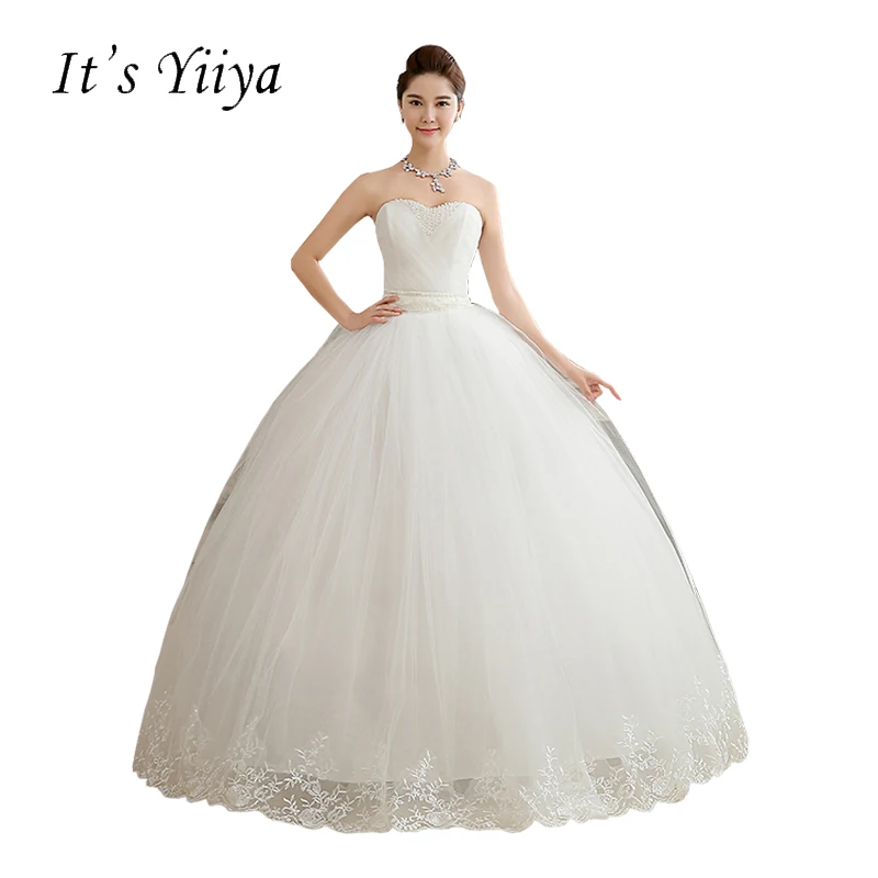 

It's Yiiya White Strapless Beading Floor Length Wedding Dresses Cheap Pleat Simple Bride Ball Gowns Vestidos De Novia HS103