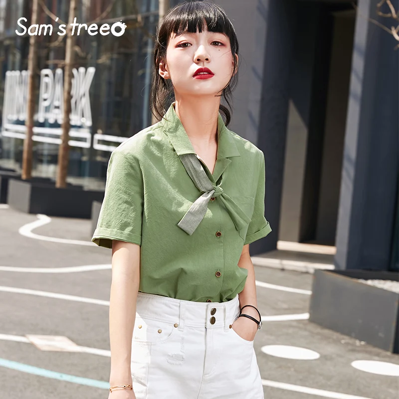 

Samstree Summer Safari Style Sheer Cotton Feamle Blouses Solid Color Women Tops Short Sleeve Button Plaid Tie Ladies Tees