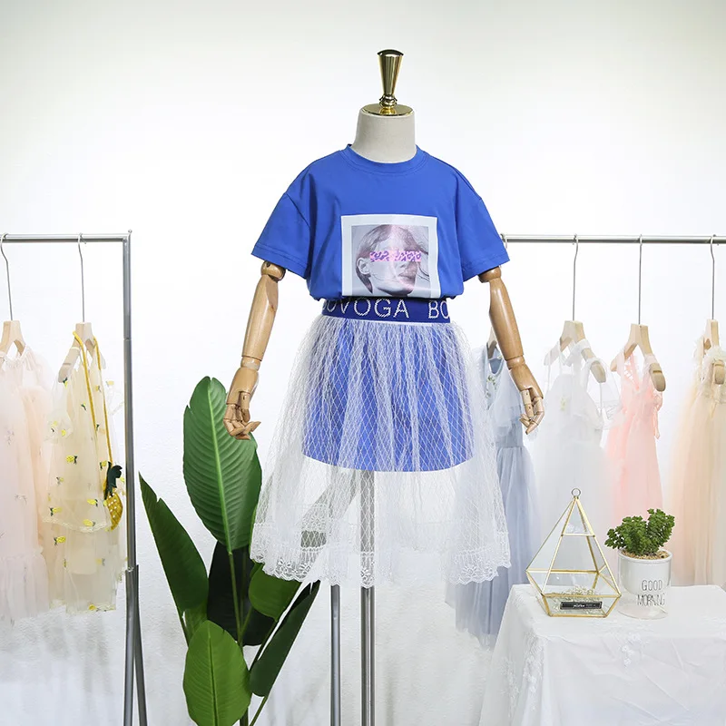 

Two-piece dress 2019 girls wear fashion printing long T-shirt with mesh skirt summer suit