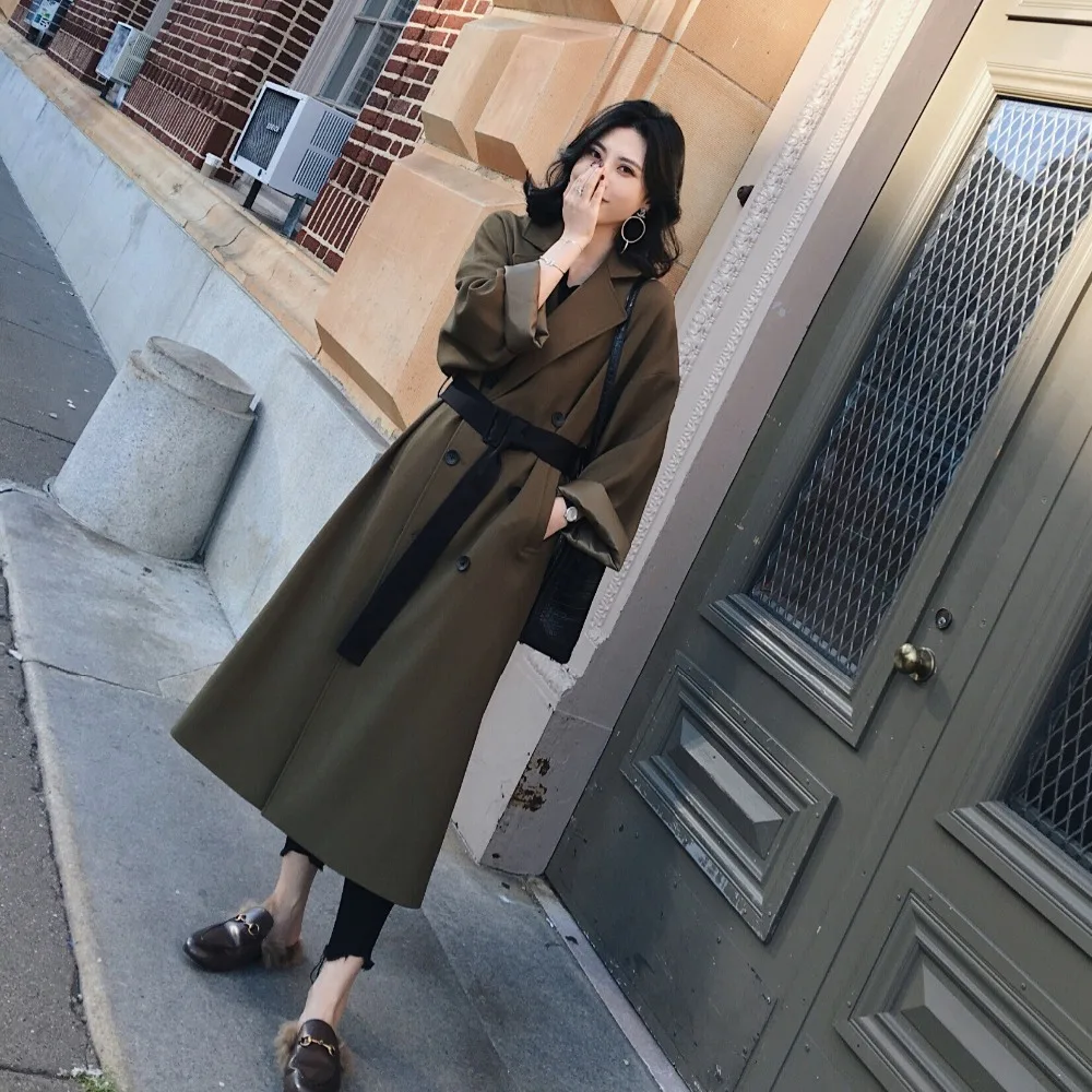 

Turn down collar sash suede trench coat Casual leather pocket long women autumn coat Winter warm outwear overcoat female