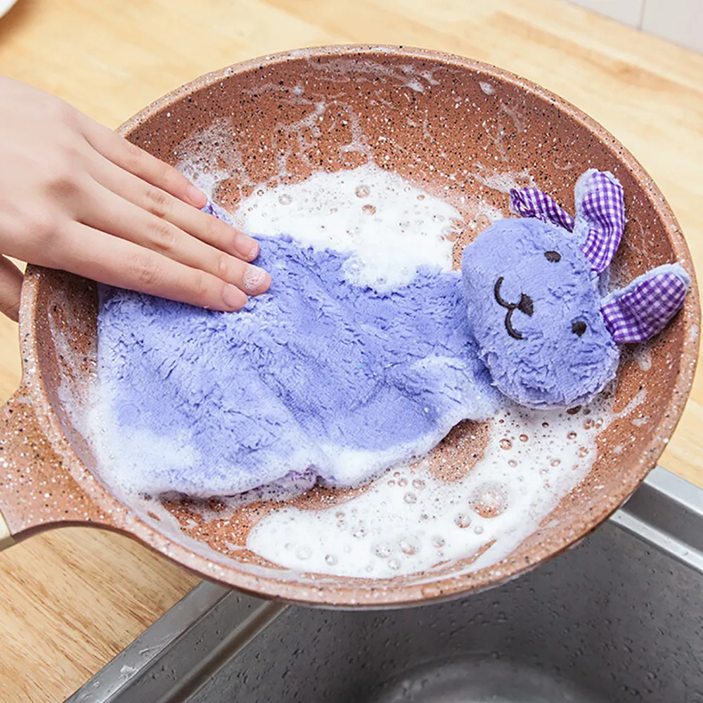 

1PC Cleaning Cloth Super Absorbent Microfiber Dish Kitchen Cartoon Animal Hanging Cloth Soft Plush Dishcloths Hand Towel