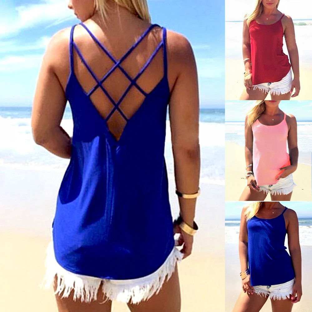Для женщин летние Boho Cami жилет без рукавов Твердые блузка повседневное безрукавки для