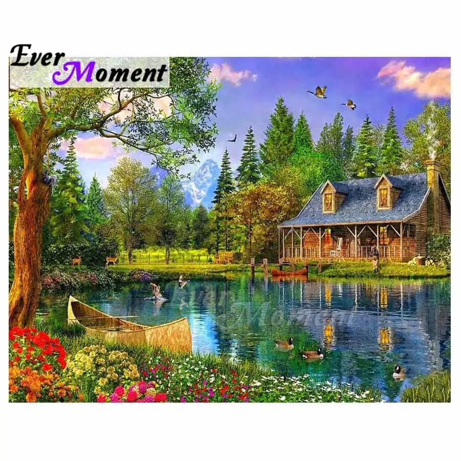 

Ever Moment Diamond Painting 5D DIY Full Square Drill Picture Of Rhinestone Lake Boat House Landscape Diamond Embroidery S2F1941