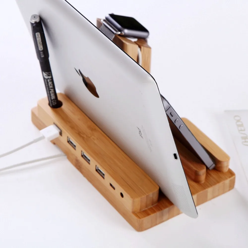 

Bamboo Wooden 4 in 1 For Apple Watch USB 4 Port Micro HUB Charging Stand Station Dock Platform Cradle Holder