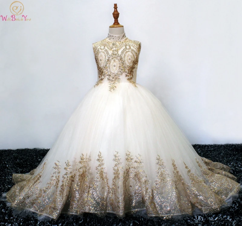 

2019 Ball Gown Long Flower Girl Dresses For Wedding High Neck Gold Appliques Girls First Communion Gowns Special Occasion Gowns