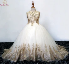 2019 Ball Gown Long Flower Girl Dresses For Wedding High Neck Gold Appliques Girls First Communion Gowns Special Occasion Gowns цена 2019 Ball Gown Long Flower Girl Dresses For Wedding High Neck Gold Appliques Girls First Communion Gowns Special Occasion Gowns цены онлайн