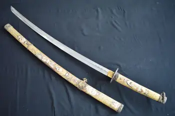 

Japanese Samurai Katana Sword Damascus Steel Blade Carved Copper Sheath