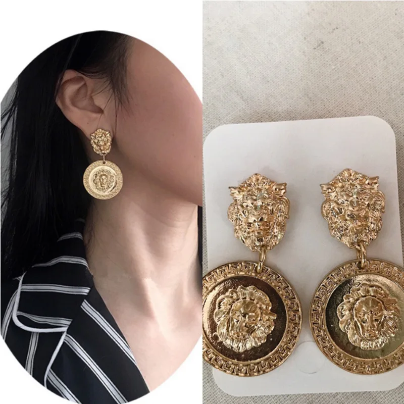 

Lion Earrings African Earrings Metal Trendy Animal Emboss Baroque Totem Vintage Women Fashion Earing for Women 2019 Mothers Day
