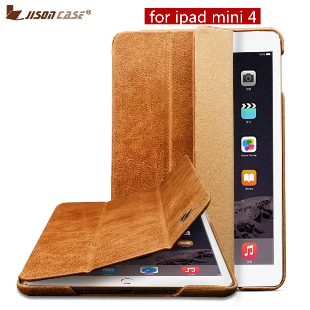 Jisoncase Smart Cover Case for iPad mini 4 Case Genuine Leather Luxury Brand Magnetic Auto Wake Cover for iPad mini 4 7.9