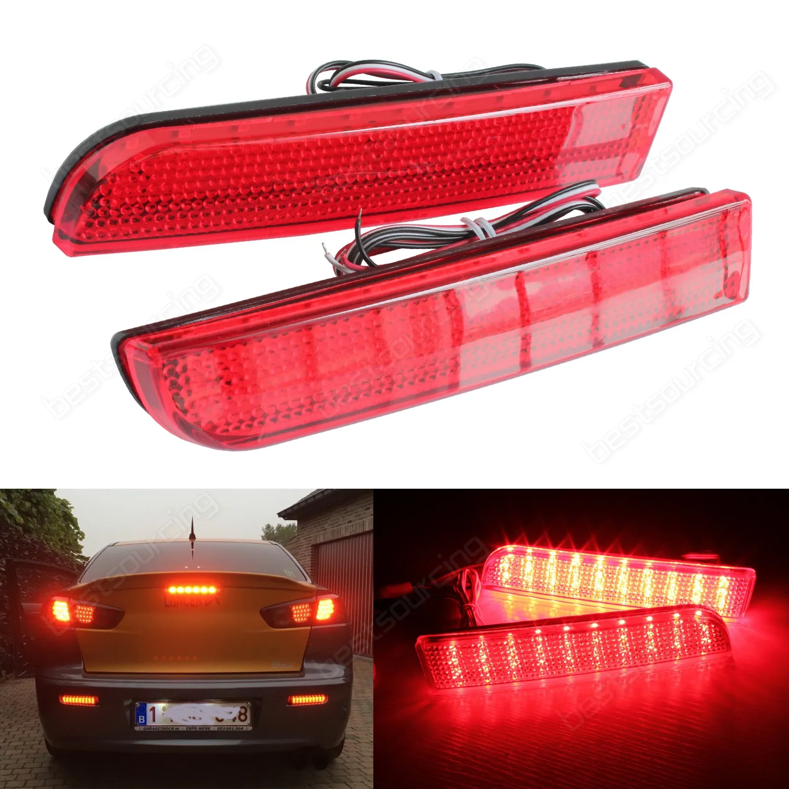 

ANGRONG 2x Red Lens LED Bumper Reflector Tail Brake Light For Mitsubishi Lancer EVO X