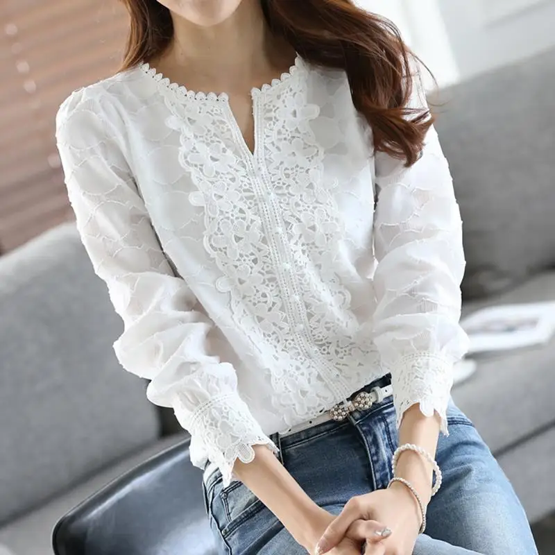 

Autumn Spring Women Lace Chiffon Blouse Shirts Solid Tops White Blusas Long Sleeve Casual Shirts WS4657M