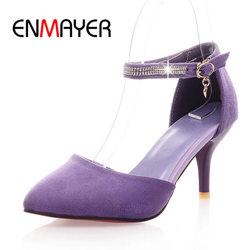 

ENMAYERW Flock Buckle Strap Women Pumps Shoes Slip on Pointed Toe Thin Heels Crystal Large Size 34-43 Casual Dress Shoes Women