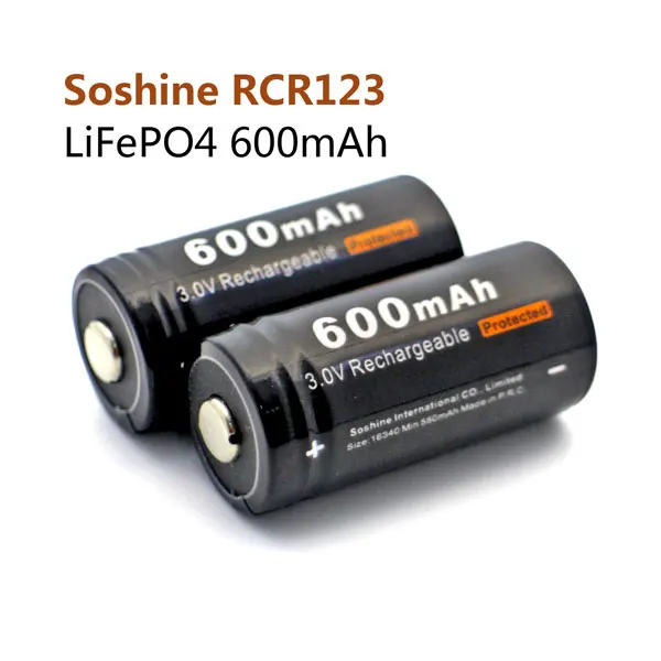 2 шт. Soshine 3V 600 мА/ч, 16340 RCR123 LiFePO4 Перезаряжаемые Батарея с защитой PCB для Светодиодный фонарики Налобные