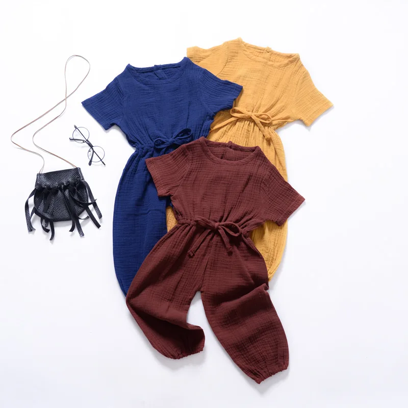 

Baby Girl Jumpsuit Summer Newborn Girls Linen Bubble Romper Solid Short Sleeve Belt Jumpsuit Infant Fashion Clothes