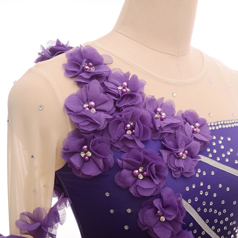 customized ice figure skating dress rhythmic gymnastics adult child girl show skirt competition purple rhinestone long sleeve