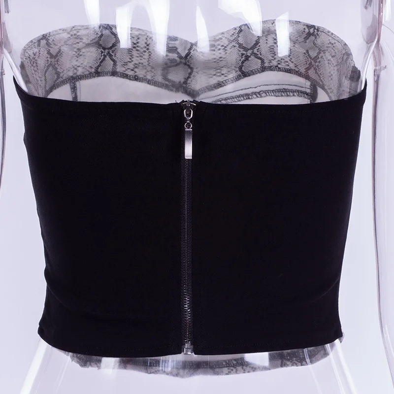 InstaHot Snake Print Zippers Pocket Pu Crop Tops Women Sexy Faux Leather Elastic Tube Tops Strapless Bustier Basic Top Seamless