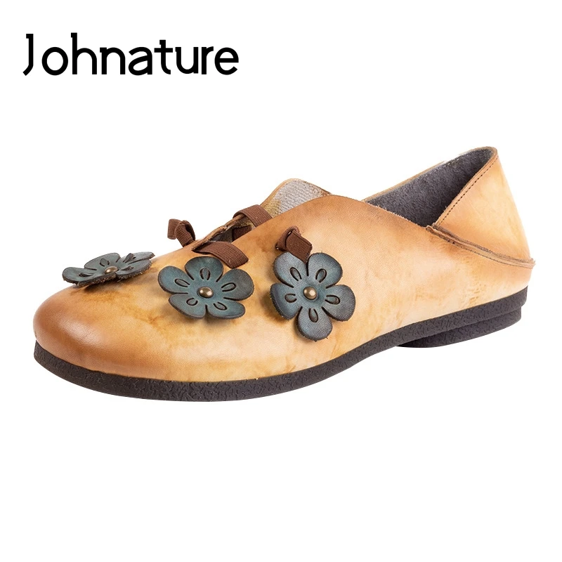 

Johnature 2019 Spring/Summer New Genuine Leather Casual Round Toe Floral Retro Sewing Slip-on Flat Women Shoes
