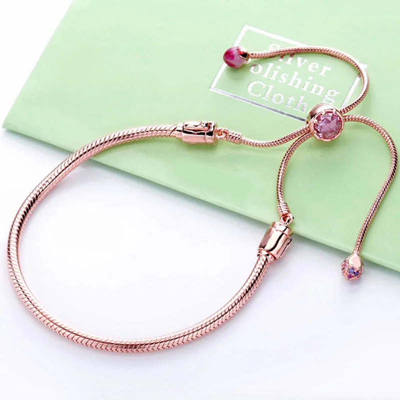 

New 925 Sterling Silver Bracelet Rose Peach Blossom Sliding Clasp Adjust Bracelet Bangle Fit Women Bead Charm Europe Jewelry