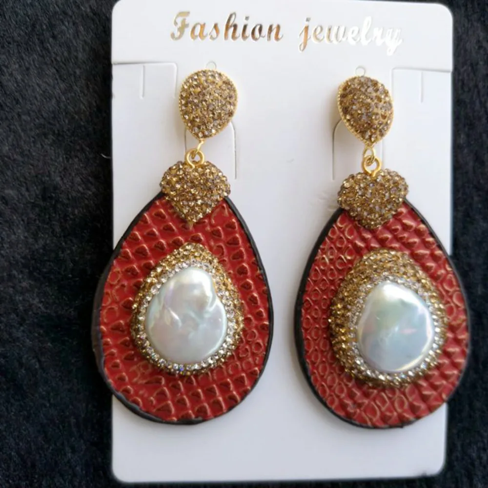 

Water Drop Big Dangle Leather Earrings Women Nature Pearl Earrings Fashion Jewelry Bijoux Femme Statement Earings Orecchini