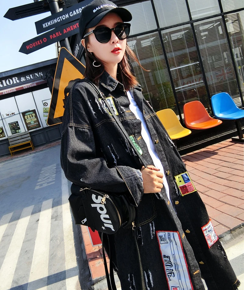 Уличный бренд, осенняя новинка, Harajuku, нашивка на значок, длинная джинсовая куртка с отворотом
