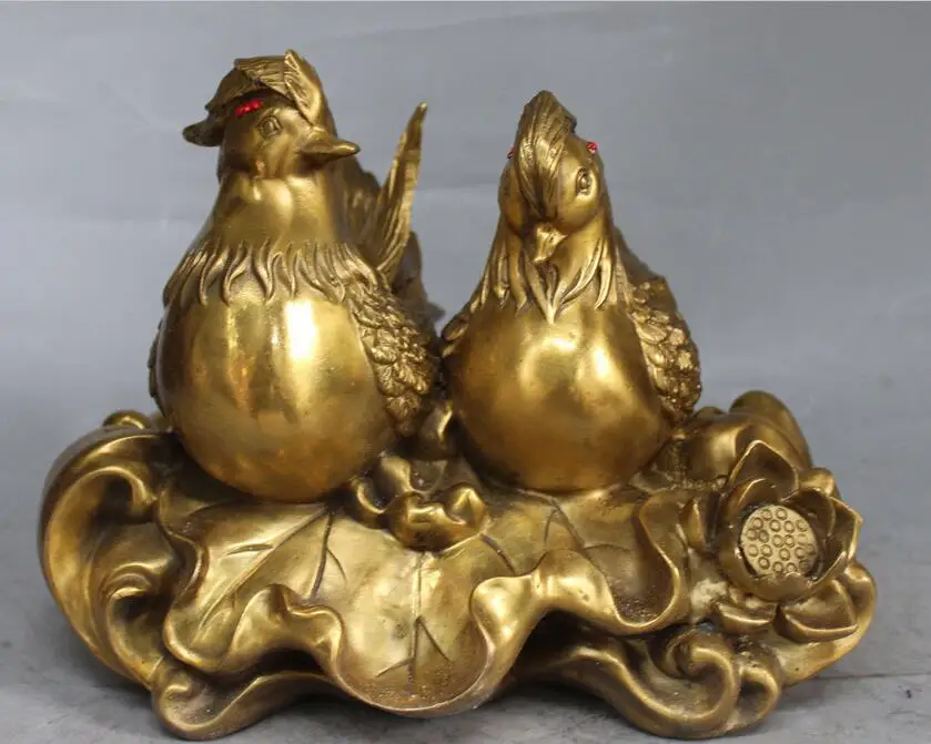 

free 11" Chinese Fengshui Bronze Love mandarin duck Bird On Lotus Statue Sculpture fast