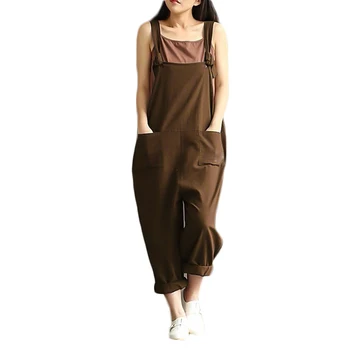 

Women Cotton Linen Bib Solid Strappy Sleeveless Overalls Loose Long Suspender Pockets Spring Autumn Vintage Trousers Plus Size