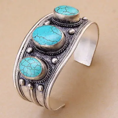 

Free shipping@@@@@ Unisex Vintage Oval Turquoise Stone Bead Cuff Bracelet Bangle Tibet Silver
