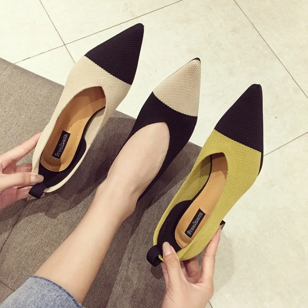 

Women's Shoes mixed color wool knitted loafers mujer footwear med square heels pointed pumps korean slip-on femme high heel shoe