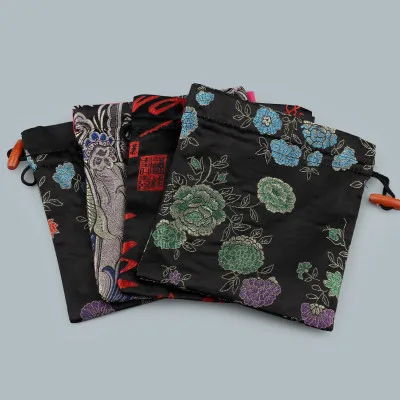 Высококачественный цветочный тканевый мешок для подарков для конфет и чая, свадебная шелковая парчовая сумка, большие ювелирные изделия, сумки на шнурке, косметичка, 3 шт./лот - Цвет: Черный