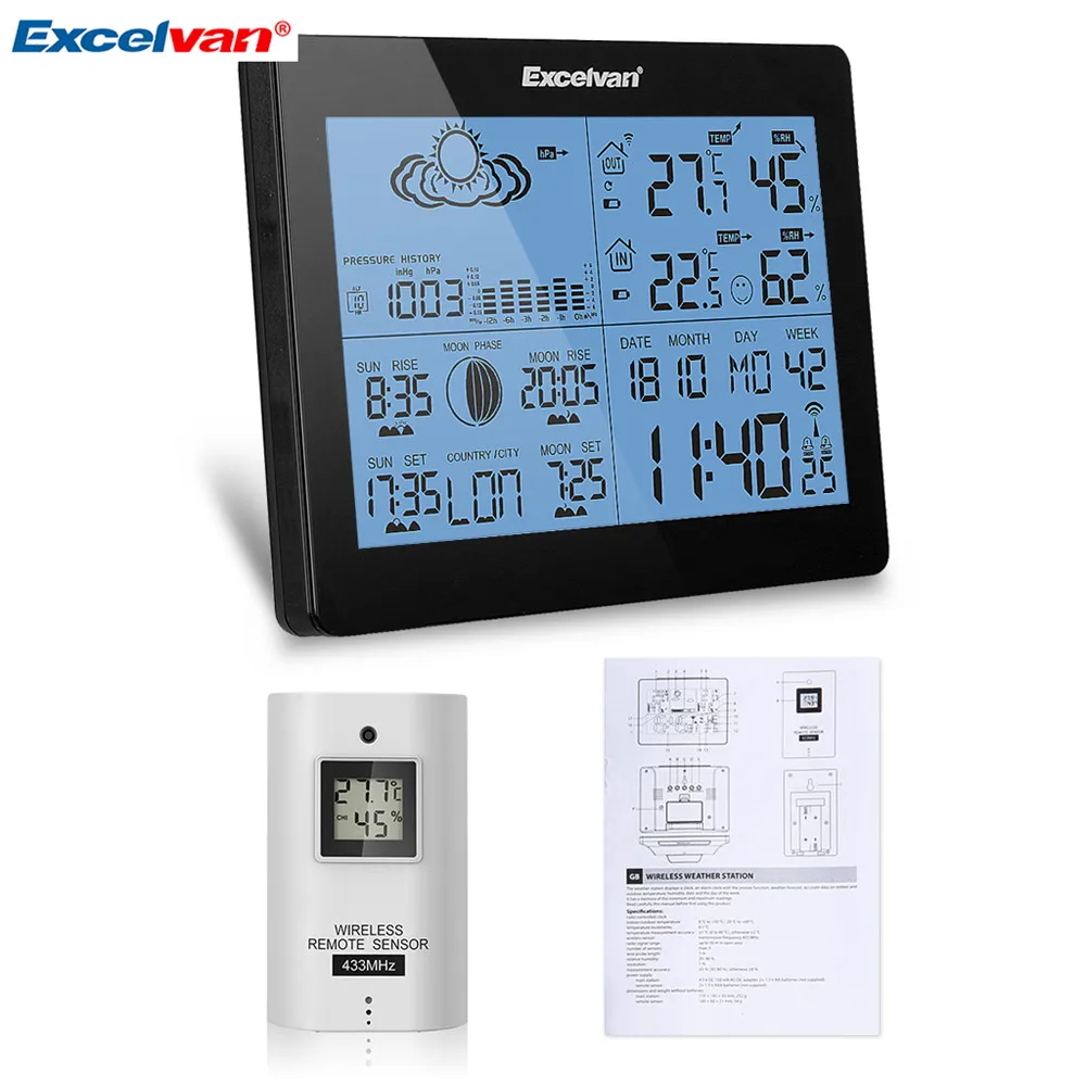 EXCELVAN Wireless Thermometer Hygrometer Weather Station Forecast Temperature Humidity Tester Clock Alarm Indoor Outdoor Clock8