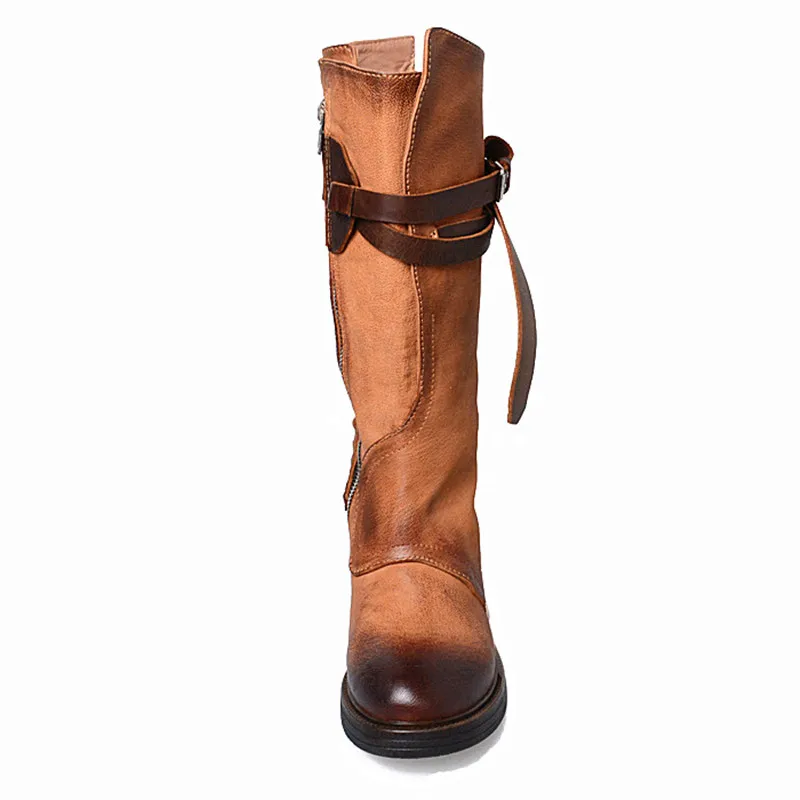 In Plush Hebilla light Bajo In Tacón Redondo light Fondo Largas Del Brown Cremallera Perfetto Correa Black Mujeres Real Retro Botas Pie lado De Nuevo Estilo Cuero black Grueso Brown Prova Dedo Sqw4Tn